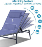 2 Pack Foldable Chaise Lounge Chair with Cup Holder, Assemble-Free Outdoor Lounge Chair with Detachable Pillow and 6 Adjustable Backrest, Patio Lounge Chair for Outside Poolside Beach Pool, Blue