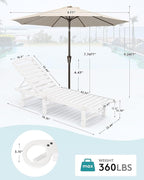 SERWALL Outdoor Chaise Lounge Set of 2 with 9FT Patio Umbrella, HDPE Pool Lounge Chair with 5-Position Adjustable Backrest, Patio Lounger with Rolling Wheels & Cup Holder for Pool, White