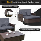 HAPPYGRILL Patio Rattan Wicker Daybed with Loveseat & Storage Ottoman, Outdoor Lounge Sofa Furniture Set with Adjustable Backrest & Side Trays, for Poolside Deck Porch Lawn (Mix Brown & Grey)
