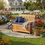Tangkula 48 Inch Outdoor Wood Storage Bench Deck Box, Wooden Storage Loveseat with 34.2 Gal Inner Space, Entryway Bench Deck Box with Slatted Backrest, Storage Seat for Garden, Lawn, Balcony & Porch