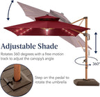 Best Choice Products 10ft Square Cantilever Patio Umbrella w/Base Included, Woodgrain Pattern Pole & Solar LED Lights, 360-Rotation, Offset Hanging Outdoor Shade - Burgundy