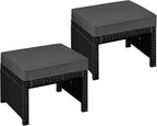 Yaheetech Wicker Ottomans, Set of 2 Footrest with Removable Cushion, 2pcs PE Rattan Side Table Additional Seating Multipurpose Outdoor Furniture for Patio, Backyard, Black/Gray