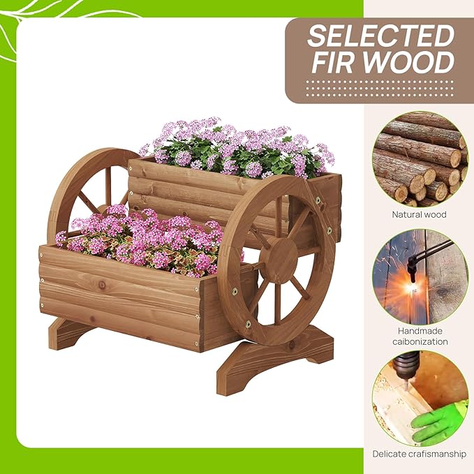 Wooden Wagon Planter Outdoor Flower Cart with Wheels Garden Planter, Decor Planter for Patio Balcony Decoration Succulent Flower Pot for Indoor Backyard Balcon Yard Decor planters (Brown)