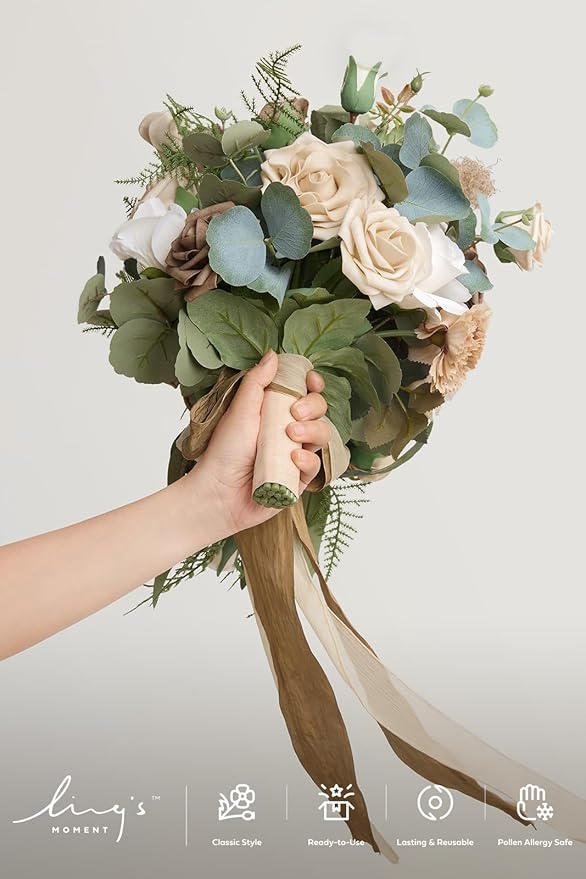Artificial Cascade Bridal Bouquet in Brown and Beige, 13 x 20 Inches