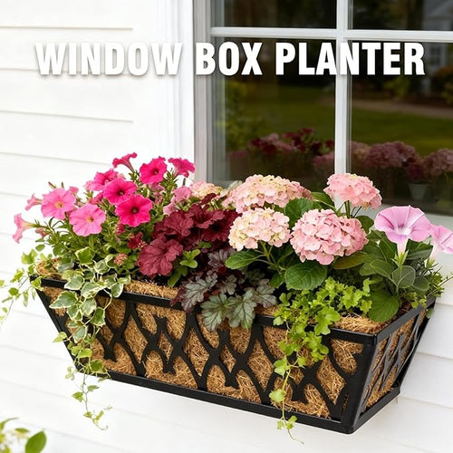 2 Pack 16 Inch Window Boxes Planters Railing Planter Box with Adjustable Brackets for Porch Fence Patio Balcony Hanging Flower Baskets with Coco Liners for Outdoor Garden Decor - Black