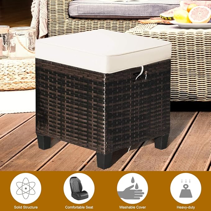 Tangkula 2 Pieces Outdoor Patio Ottoman, All Weather Rattan Wicker Ottoman Seat, Patio Rattan Furniture, Outdoor Footstool Footrest Seat w/Removable Cushions