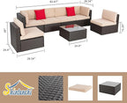 Shintenchi 7 Pieces Patio Furniture Sets Outdoor All-Weather Sectional Patio Sofa Set PE Rattan Manual Weaving Wicker Patio Conversation Set with Glass Table&Ottoman Cushion and Red Pillows, Beige