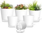 Plant Pots 4/5/5.5/6/6.5/7 Inch Self Watering Pots, 6 Pack Plastic Planters with Drainage Holes and Clear Saucers,Plastic Flower Pots,Nursery Planting Pot for Indoor Out Door Plants(White)