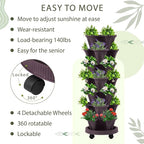 Umigy 2 Set Espresso Brown 7 Tier Vertical Planter Stackable Tower Planters Strawberry Herb Flower and Vegetable Pots Indoor Outdoor Gardening Pots with Removable Wheels and Tools