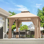 AOXUN Outdoor Gazebo for Patio 8x8 Metal Frame Canopy with Double Roofs Heavy Duty Party Tent and Shelter with Mosquito Netting and Privacy Screen for Backyard, Lawn, Garden, Deck (Khaki)