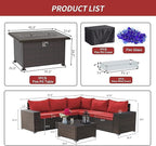 Kullavik 7 Pieces Outdoor Patio Furniture Set with 43" 55000BTU Gas Propane Fire Pit Table PE Wicker Rattan Sectional Sofa Patio Conversation Sets,Red