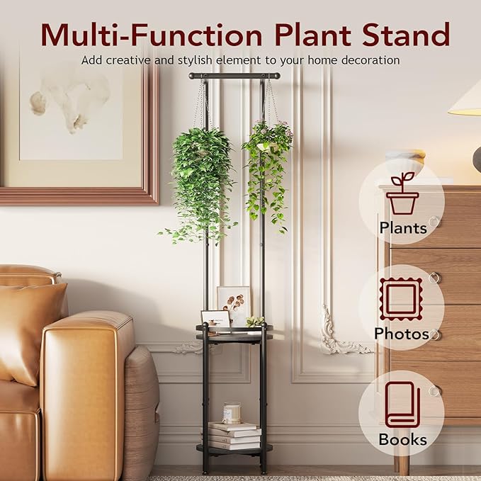 Plant Stand Indoor Outdoor - Heavy Duty Metal 2-tier Hanging Plant Holder Space-Saving Iron Plant Stands Tall Plant Shelf for Living Room Garden Balcony（Black）