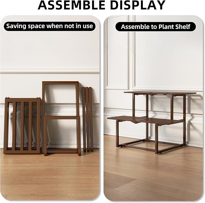 Metal Plant Stand, Foldable Heavy Duty Indoor, Window Iron Plant Shelf - Mid Century Modern Slatted Display for Patio, Garden, Living Room Load Bearing 330 lbs 26" L x 20.2" H x 17.7" W 2 Tier Coffee