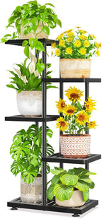 LASZOLA 4 Tier Plant Stand Indoors Outdoors for Large Heavy Duty Planter, Black Metal Tall Flower Holder Rack with Multiple Shelf for Modern Patio Corner, Vertical Organizer, Weather Resistant Bracket