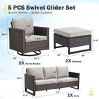 Belord Wicker Patio Furniture 5 Piece Outdoor Sofa Set, Oversize Outdoor Swivel Rocker Chairs with Rattan Ottomans, Conversation Sets Patio Furniture Come with Removable Cushion Beige, Anti-Rust Frame