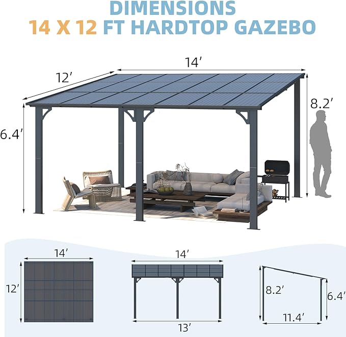 AECOJOY 14' x 12' Gazebo Outdoor Pergola, 12x14 Large Wall-Mounted Hard Top Lean to Metal Gazebo Shelter Pergolas and Gazebos Clearance with Patio Roof, Heavy Duty Awnings for Backyard, Decks