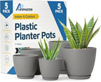 Planter Pots with Drainage Holes - Lightweight, Durable & Space-Saving Pots for Indoor and Outdoor - Versatile Functionality, Simple Modern Design, Set of 5 Plastic Planter Pots - Gray