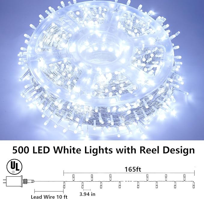 String Lights 500 LED White Outdoor 165ft Memory Timer