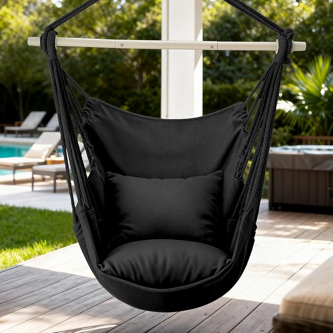 Hammock Chair with 2 Cushions, Black Polyester-Cotton, 350 lb Capacity
