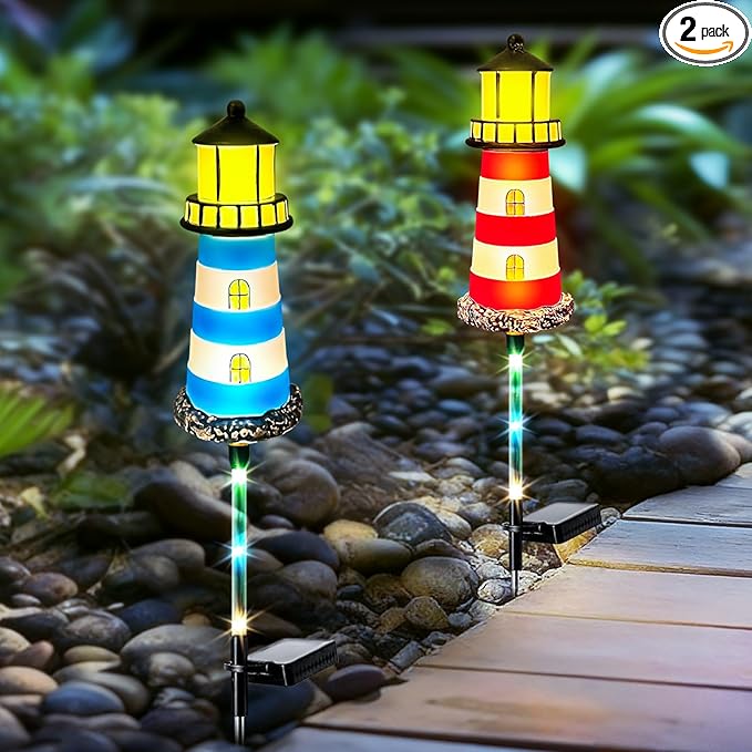 Solar Lights Outdoor 2 Pack, Solar Garden Lamps, Outdoor Decorations, Garden Decorative lamp in The Shape of a Lighthouse, a Unique Gift for Women, a Gift for Grandmother