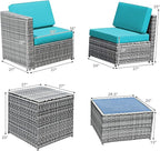 Tangkula 8 Pieces Wicker Patio Furniture Set with Storage Deck Box, PE Rattan Outdoor Sectional Conversation Set with Coffee Table & Cushions, Outside Furniture for Garden Yard Poolside (Turquoise)