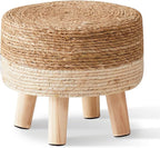 Wimarsbon Round Foot Stool Natural Seagrass Poufs Ottoman Hand Weave Footrest Stool for Couch Desk Extra Seat Step Stool with Solid Wood Legs for Hallway Patio Lounge White