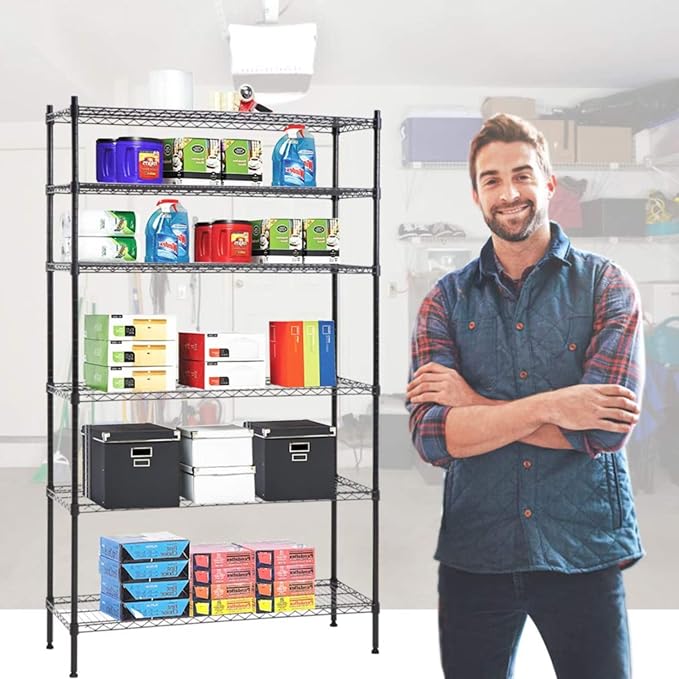 BestOffice | 6-Tier Wire Storage Shelves | 42x16x72 | Black | with Adjustable Racks | Heavy-Duty Metal Shelf, Holds Upto 1500 lbs | No-Tool Assembly | Ideal for Home & Garage Shelving