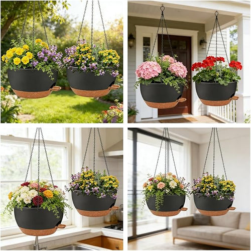 2 Pack 12 Inch Self Watering Hanging Planters for Indoor Plants, Large Black Brown Plastic Hanging Pots with Chains for Outdoor Patio Garden Home Decor Black Brown