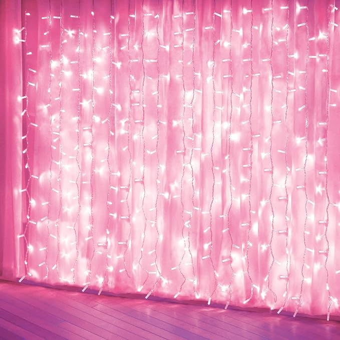 Indoor String Lights, Pink LED Curtain Lights, 8 Blinking Modes, 6.6 x 6.6 ft
