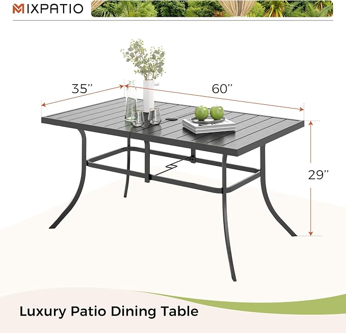 Dining Table, 6-Person Black Metal Patio Table with Umbrella Hole