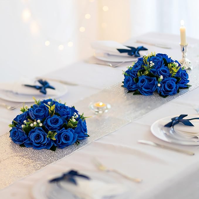 Artificial Flower Balls, Royal Blue Silk Roses, 3-in-1 Centerpiece