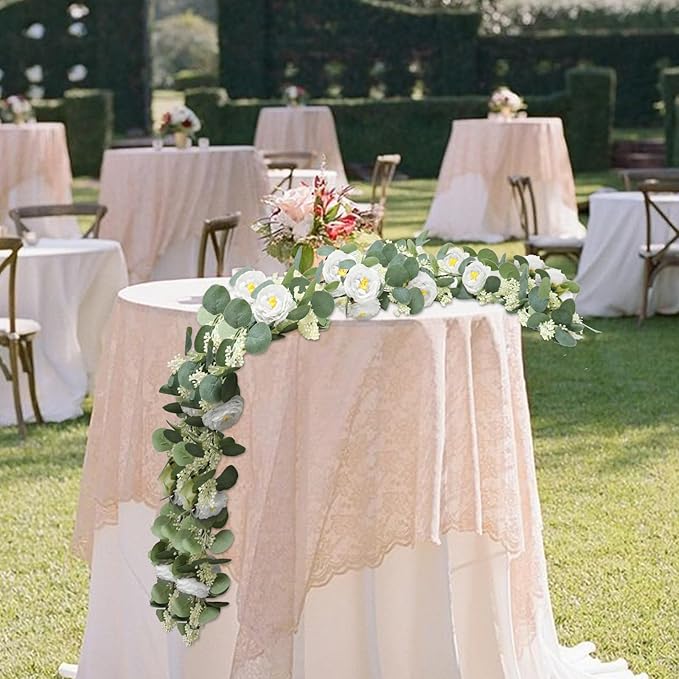 Artificial Eucalyptus Garland 2-Pack, White Roses and Green Leaves