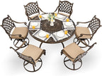 7-Piece Cast Aluminum Patio Furniture, Patio Dining Set for 6 Include 54" Round Outdoor Dining Table and 6 Swivel Chairs with Cushions & Umbrella Hole (Bronze)