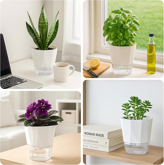 5 Pack Self Watering Plant Pots 6.7 Inches Self Watering Planters for Indoor and Outdoor Plants African Violet Self Watering Pots Clear Pots for Plants Herb Orchid Flower Houseplant Pots, White