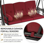 U-MAX 3-Seat Porch Swing Chair Steel Frame, Patio Swing Chair with Stand and Removable Cushions, Outdoor Canopy Swing Chair for Outside, Backyard, Garden, Burgundy Cushion
