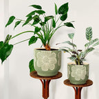 YBX 8 Inch + 6 Inch White Flower Pattern Plant Pots, Sand Glazed Ceramic Planter with Drainage Hole, Flower Pots for Indoor Plants, Green