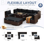 NICESOUL 9 Piece Patio Furniture Set with Fireplace Natural Gas/Propane, 29.3'' High Back Large Wicker Outdoor Sectional Sofa Sets, Deep Seat Sitting Area Backyard, Brown Rattan and Black Cushion