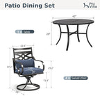 PHI VILLA 5 Pieces Outdoor Dining Set for 4, 42" Round Black Metal Table with Umbrella Hole & Wrought Iron Swivel Chairs, Large Outside Furniture with Blue Cushions & Pillows for Patio, Deck, Porch