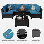 8-Piece Patio Furniture Set with 50,000 BTU Fire Pit Table - Wicker Outdoor Sectional Sofa with Thick Waterproof Cushions, Complete Conversation Set for Backyard Garden(Brown & Peacock Blue)