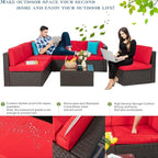 Vongrasig 7 Pieces Patio Furniture Sets, Outdoor All-Weather Wicker Patio Conversation Sets, L-Shaped Rattan Sectional Patio Sofa with Glass Table for Backyard, Red