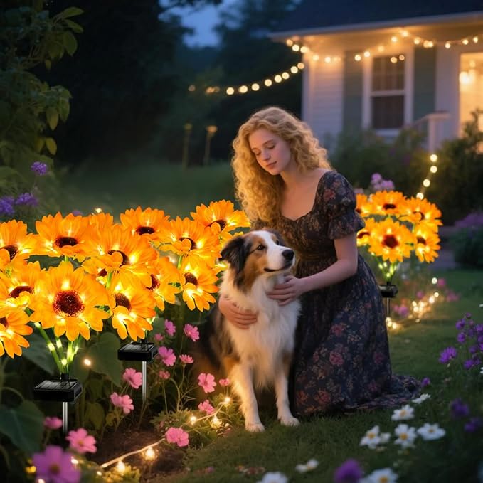 Upgraded Solar Sunflower Lights 1 Pack with 6 Outdoor Decor Flower Lights for Xmas Gift for Mom and Friends, IP65 Waterproof Sunflower Garden Stake Lights for Yard Patio Lawn Pathway (Warm White)