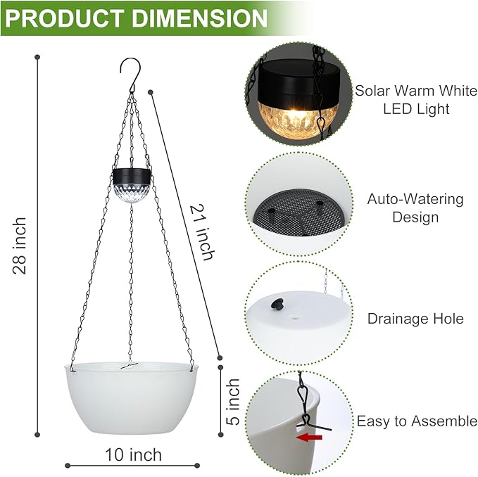 BAYN 2 Packs Solar Hanging Basket Planters for Plants Outdoor, Self Watering White Flower Plants Pots with Solar Light Drainer for Balcony Patio Garden Outdoor Decoration