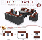NICESOUL 9 Piece Large Patio Furniture Set with Fire Pit Table Propane/Natural Gas, 29.3'' High Back Wicker Outdoor Sectional Sofas, Wide Conversations for Heavy Weight, 2 Color Cushions Wine & Gray