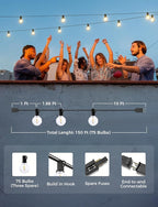 XMCOSY+ Smart Outdoor String Lights, 150Ft G40 Globe Patio Lights with 75 LED Bulbs, WiFi & APP Control, Work with Alexa, Extendable Waterproof Dimmable LED String Lights for Outside, Porch, Cafe