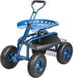 VEVOR Garden Cart Rolling Workseat with Wheels, Gardening Stool for Planting, 360 Degree Swivel Seat, Wagon Scooter with Steering Handle & Utility Tool Tray, Use for Patio, Yard, and Outdoors, Blue