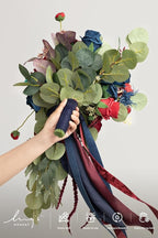 Artificial Flowers Bridal Bouquet in Burgundy and Navy Blue, 15-Inch