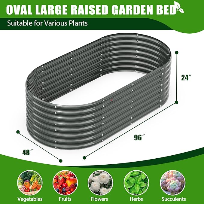 A ANLEOLIFE 12-Set 8X4X2 ft Galvanized Raised Garden Bed Kit, Oval Metal Deep Root Planters for Outdoor Plants, Quartz Grey