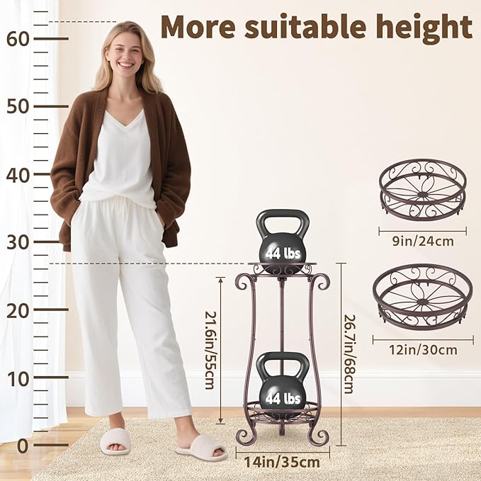 LASZOLA 2 Tier Bronze Metal Plant Stand for Multiple Large Planters Indoor Outdoor Organizer, Heavy Duty Tall Flower Stand for Corner Patio Bathroom Office, Modern Sturdy Vertical Iron Rack, Cat Proof