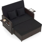 Tangkula Patio Rattan Daybed with 4-Level Adjustable Backrest, Outdoor PE Wicker Loveseat with Storage Ottoman & Folding Side Tray, Double Sunbed Lounger for Balcony, Backyard & Poolside, Black