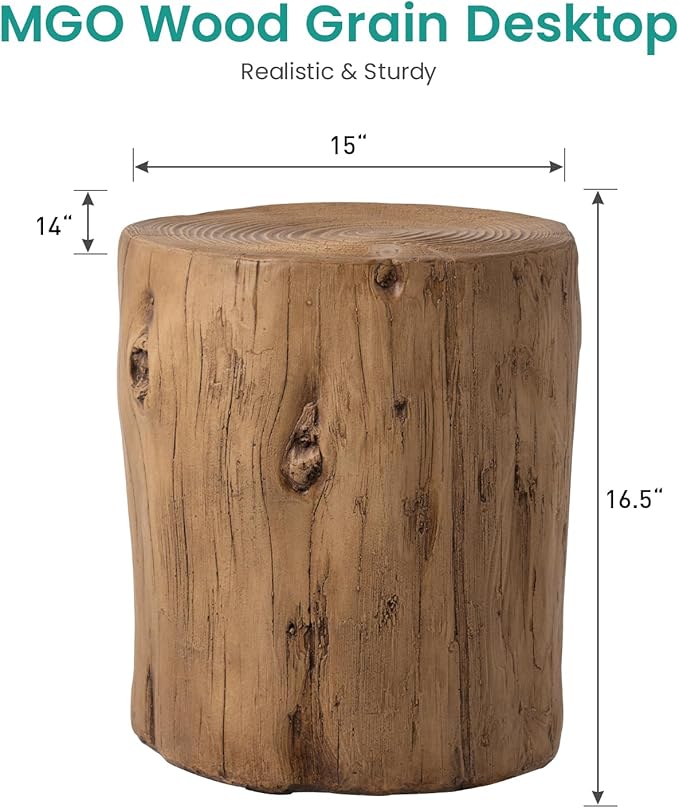 Side Tables Set of 2, Light Brown Faux Wood Tree Stump Design, Outdoor Use